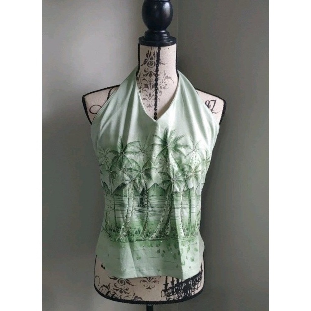 Fashion Bug Vtg New Crop Halter Top Y2K Retro Tropical Resort Palm Tree XL Green